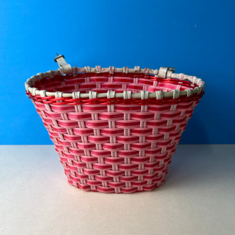 BICYCLE BASKET WITH LEATHER STRAPS BUCKLES PINK / RED / WHITE VINTAGE NOS