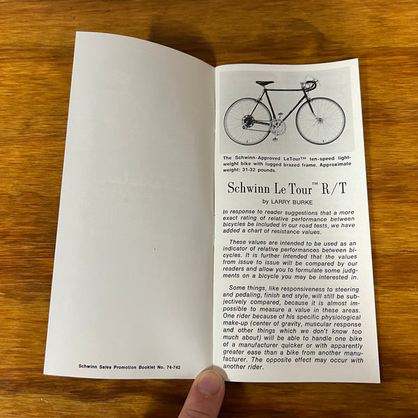 1974 SCHWINN LETOUR TEN SPEED ROAD TEST BROCHURE BICYCLE CATALOG VINTA