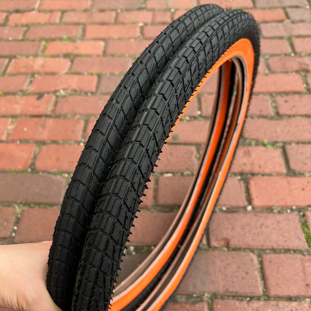 BICYCLE TIRES 20 X BLACK ORANGE WALL FIT OLD SCHOOL BMX GT MONGOOSE SCHWINN OTHERS