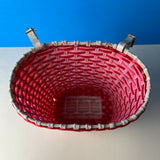 BICYCLE BASKET WITH LEATHER STRAPS BUCKLES PINK / RED / WHITE VINTAGE NOS