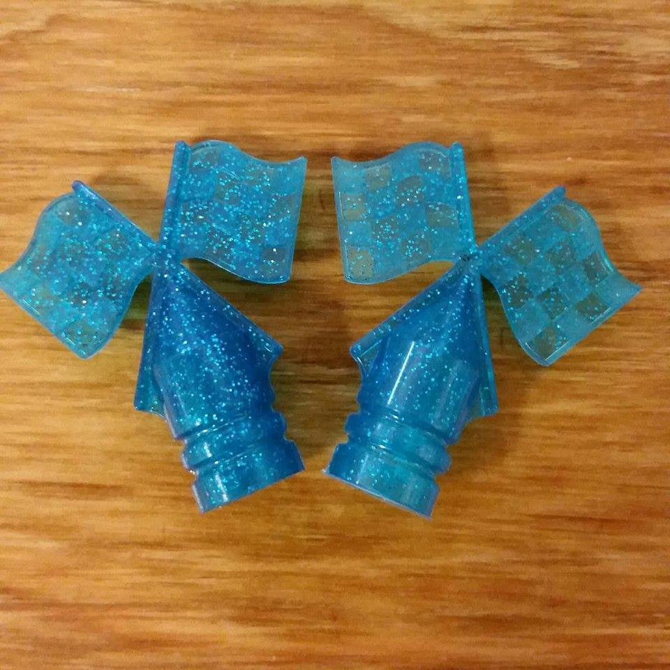 SCHWINN TIRE FLAG VALVE CAPS GLITTER BLUE FOR SCHWINN STINGRAY AND OTHERS