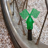 SCHWINN TIRE FLAG VALVE CAPS GLITTER SHAMROCK GREEN FOR PEA PICKER AND OTHERS