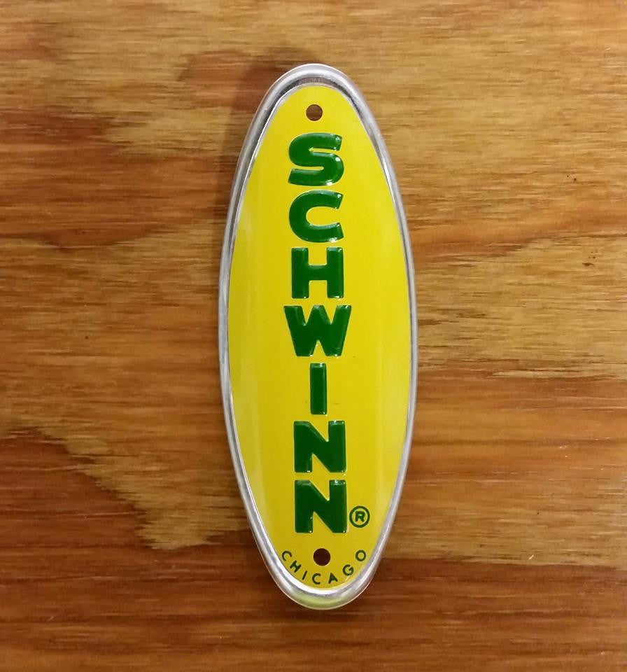 SCHWINN BICYCLE PLATE HEAD BADGE SCHWINN APPROVED YELLOW WITH GREEN LETTER