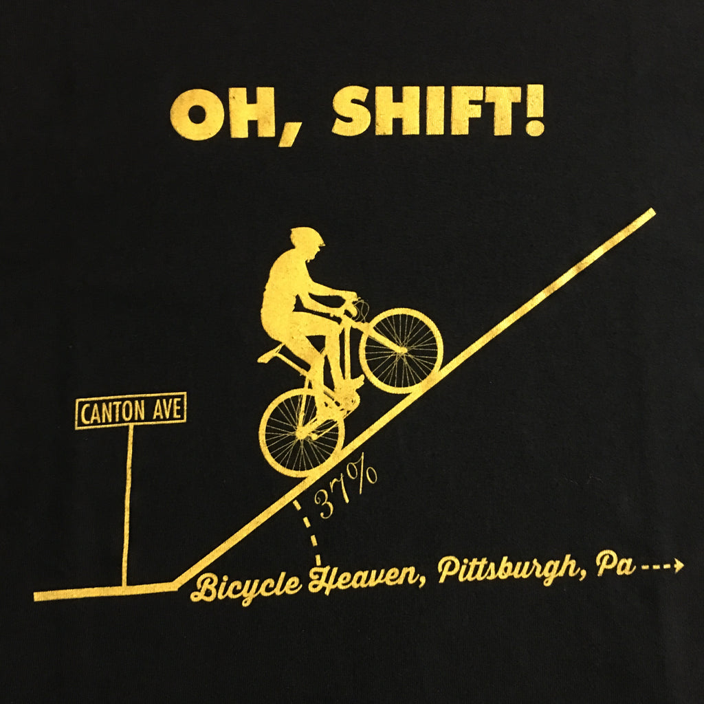 BICYCLE HEAVEN OHH SHIFT CANTON AVE T-SHIRT BLACK WITH GOLD LETTERING
