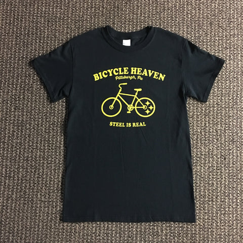 BICYCLE HEAVEN STEEL IS REAL T-SHIRT BLACK WITH GOLD LETTERING