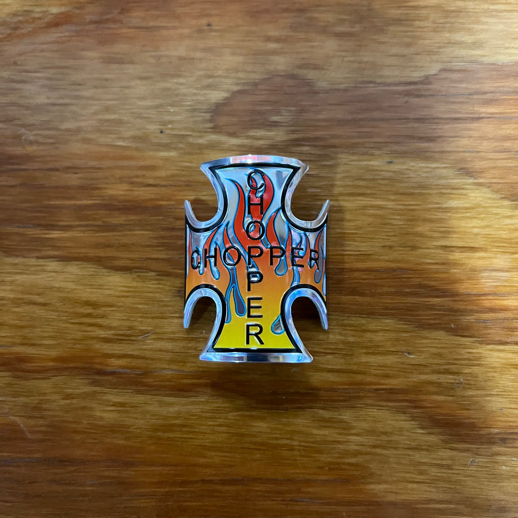 BICYCLE HEAD BADGE NAME PLATE CHOPPER WITH FLAMES – Bicycle Heaven BICYCLE HEAD BADGE NAME PLATE CHOPPER WITH FLAMES – Bicycle Heaven