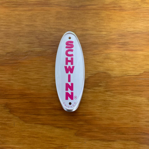 SCHWINN HEAD BADGE FOR SCHWINN STINGRAYS & OTHERS WHITE & PINK LETTER NEW