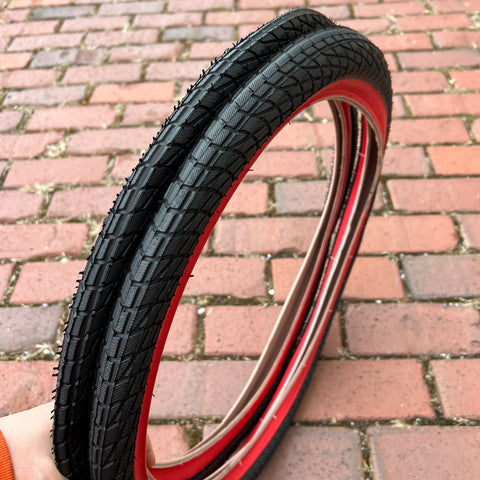 BICYCLE TIRES 20 X 1.95 BLACK / RED WALL FITS OLD SCHOOL BMX GT MONGOOSE SCHWINN & OTHERS NEW