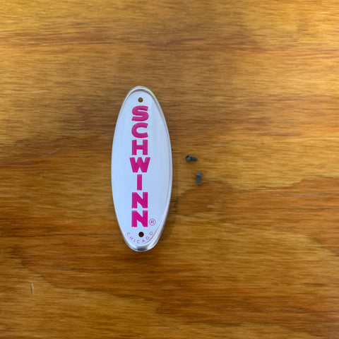 SCHWINN HEAD BADGE FOR SCHWINN STINGRAYS & OTHERS WHITE & PINK LETTER – Bicycle Heaven