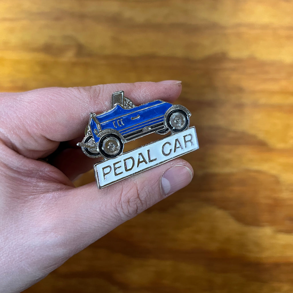 PEDAL CAR LAPEL PIN VINTAGE BLUE STEEL METAL BRASS NOS